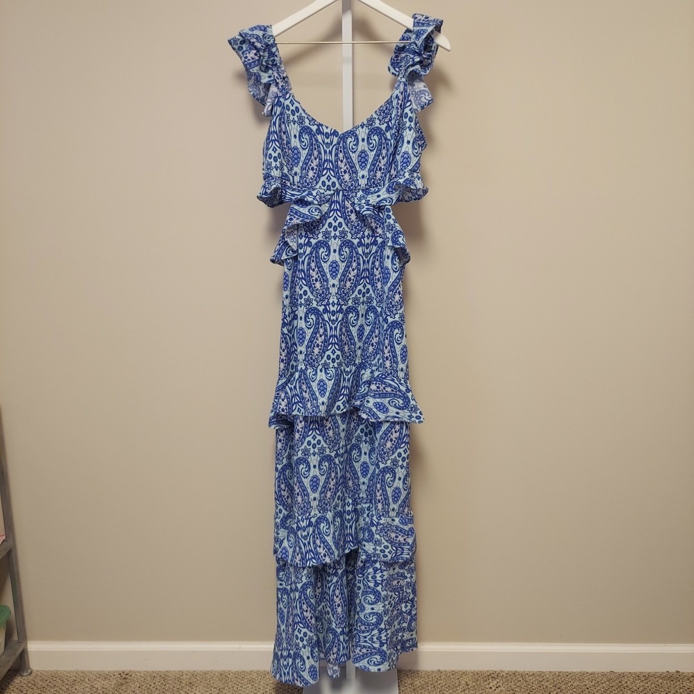 Simply Southern Maxi Dress Blue Paisley Turtle Ruffle Tiered XL Preppy Coquette